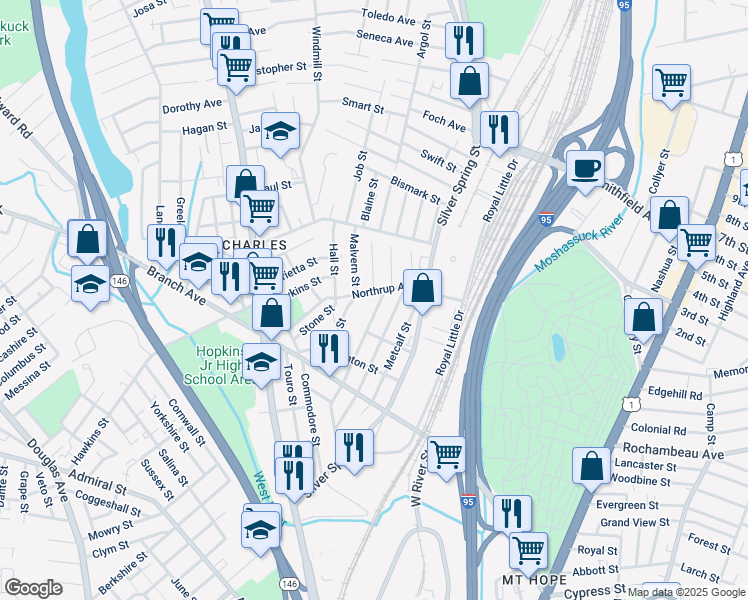 map of restaurants, bars, coffee shops, grocery stores, and more near 190 Chatham Street in Providence