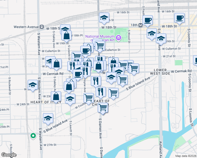 map of restaurants, bars, coffee shops, grocery stores, and more near 2016 West 22nd Place in Chicago