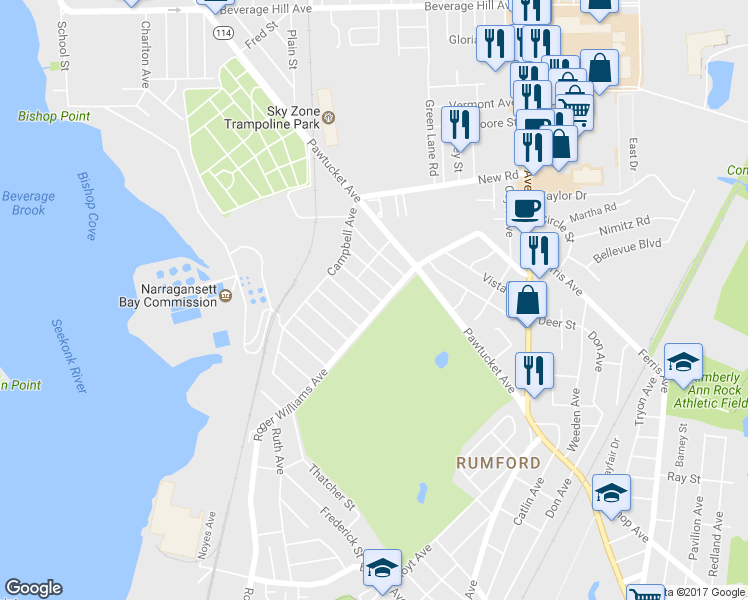 map of restaurants, bars, coffee shops, grocery stores, and more near 6 Puritan Avenue in East Providence