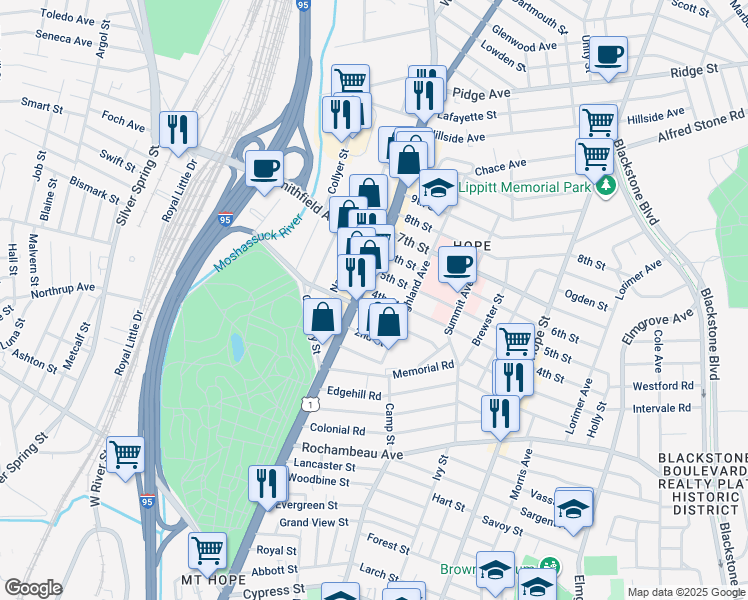 map of restaurants, bars, coffee shops, grocery stores, and more near 14 3rd Street in Providence