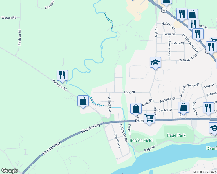 map of restaurants, bars, coffee shops, grocery stores, and more near 1309 Long Street in Dixon