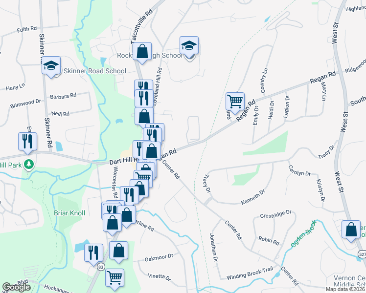 map of restaurants, bars, coffee shops, grocery stores, and more near 203 Regan Road in Vernon