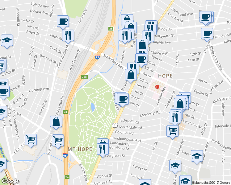 map of restaurants, bars, coffee shops, grocery stores, and more near 1 Concord Street in Providence
