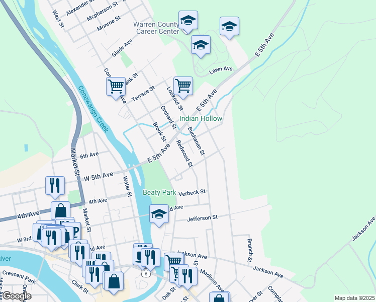 map of restaurants, bars, coffee shops, grocery stores, and more near 116 Redwood Street in Warren