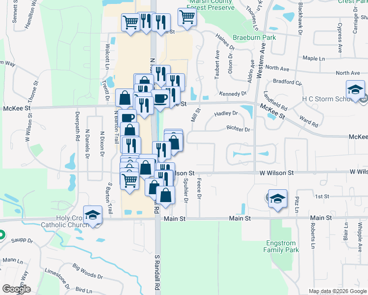 map of restaurants, bars, coffee shops, grocery stores, and more near 1611 Charleston Street in Batavia