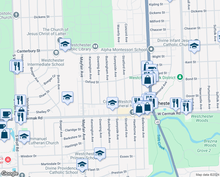 map of restaurants, bars, coffee shops, grocery stores, and more near 1871 Buckingham Avenue in Westchester
