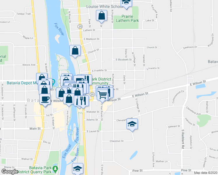 map of restaurants, bars, coffee shops, grocery stores, and more near 327 State Street in Batavia