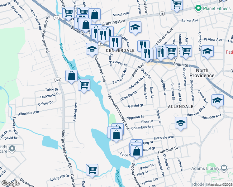 map of restaurants, bars, coffee shops, grocery stores, and more near 85 Atlantic Boulevard in North Providence