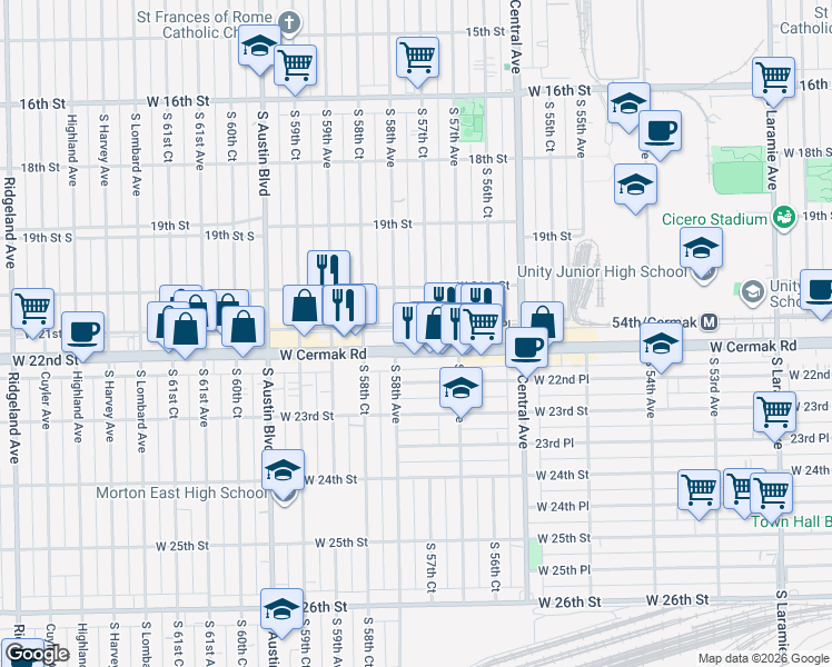 map of restaurants, bars, coffee shops, grocery stores, and more near 5732 West 21st Place in Cicero