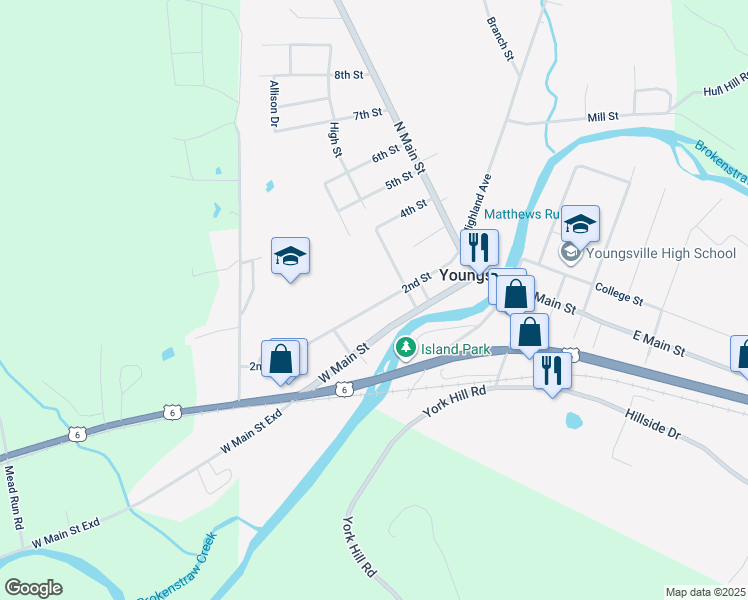 map of restaurants, bars, coffee shops, grocery stores, and more near 128 2nd Street in Youngsville