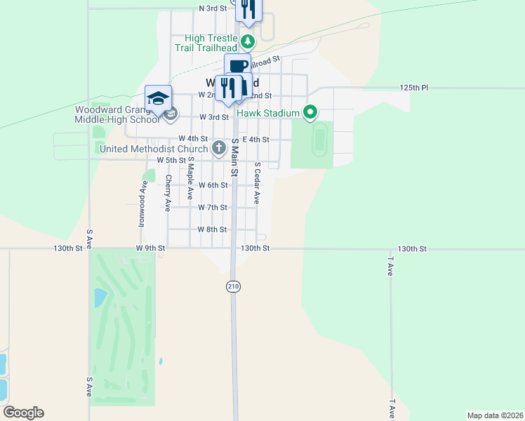 map of restaurants, bars, coffee shops, grocery stores, and more near 701 South Cedar Avenue in Woodward