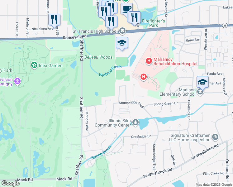 map of restaurants, bars, coffee shops, grocery stores, and more near 1300 Saint Francis Court in Wheaton