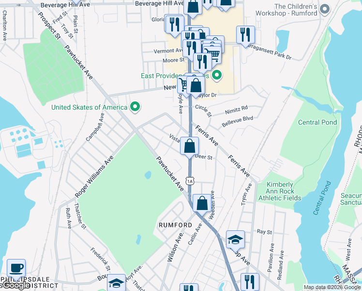 map of restaurants, bars, coffee shops, grocery stores, and more near 53 Vista Drive in East Providence