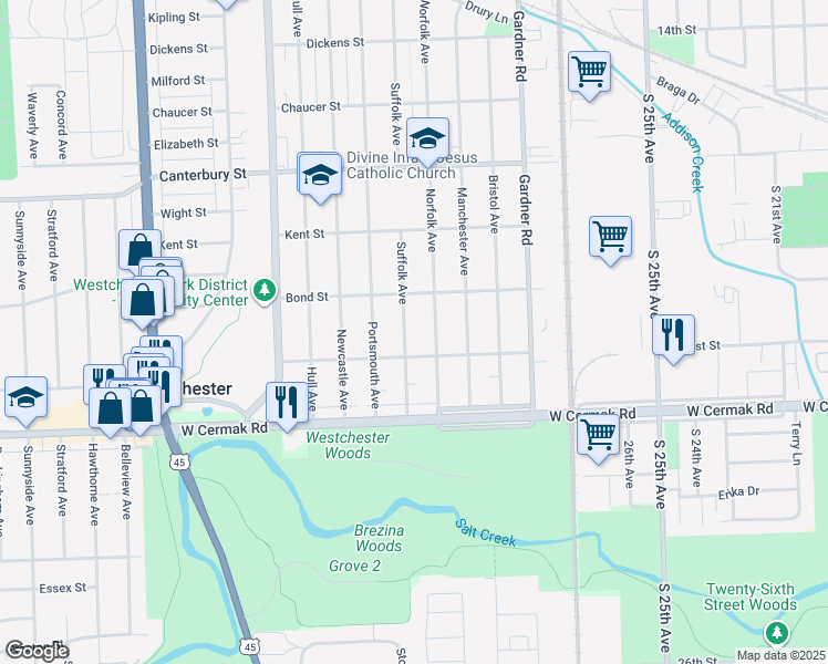 map of restaurants, bars, coffee shops, grocery stores, and more near 1933 Suffolk Avenue in Westchester