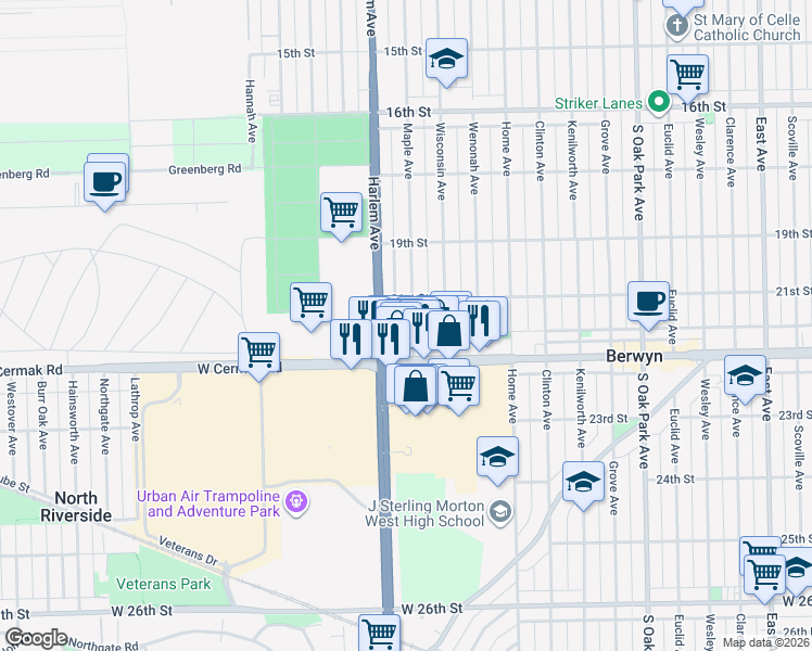 map of restaurants, bars, coffee shops, grocery stores, and more near 2120 Maple Avenue in Berwyn