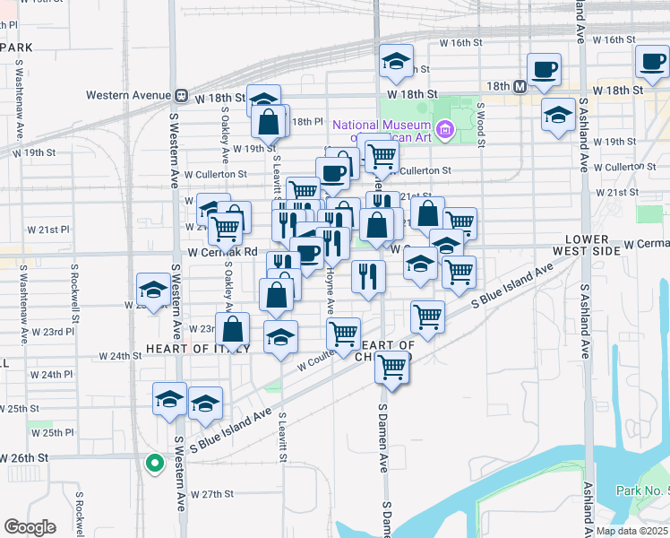 map of restaurants, bars, coffee shops, grocery stores, and more near 2215 South Hoyne Avenue in Chicago