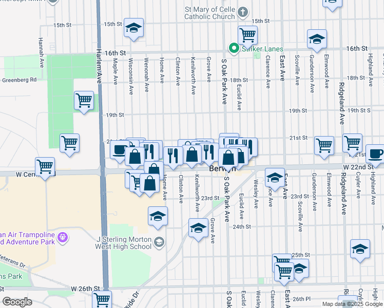 map of restaurants, bars, coffee shops, grocery stores, and more near 2124 Kenilworth Avenue in Berwyn