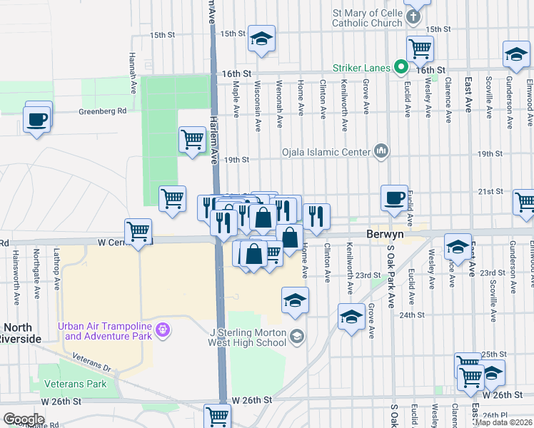 map of restaurants, bars, coffee shops, grocery stores, and more near 2121 Wisconsin Avenue in Berwyn