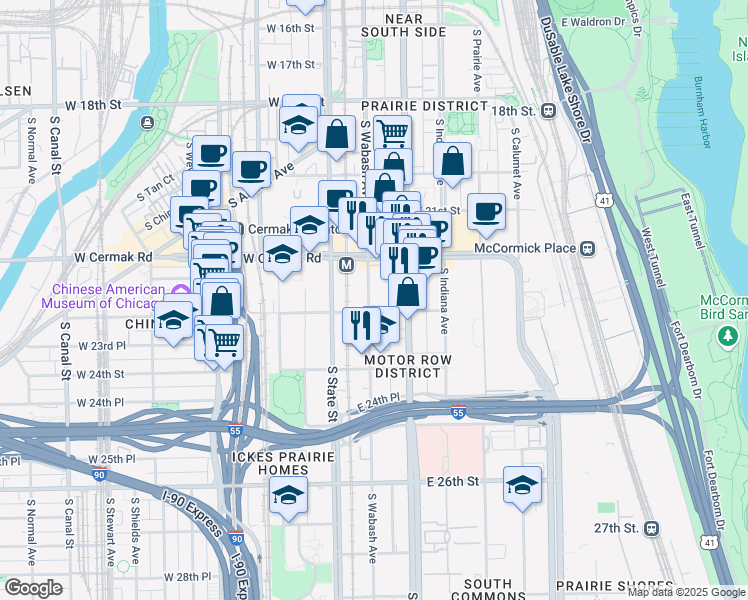 map of restaurants, bars, coffee shops, grocery stores, and more near 2255 South Wabash Avenue in Chicago