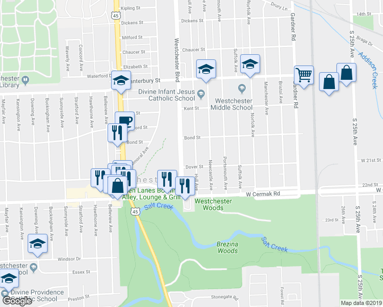 map of restaurants, bars, coffee shops, grocery stores, and more near 1932 Hull Avenue in Westchester