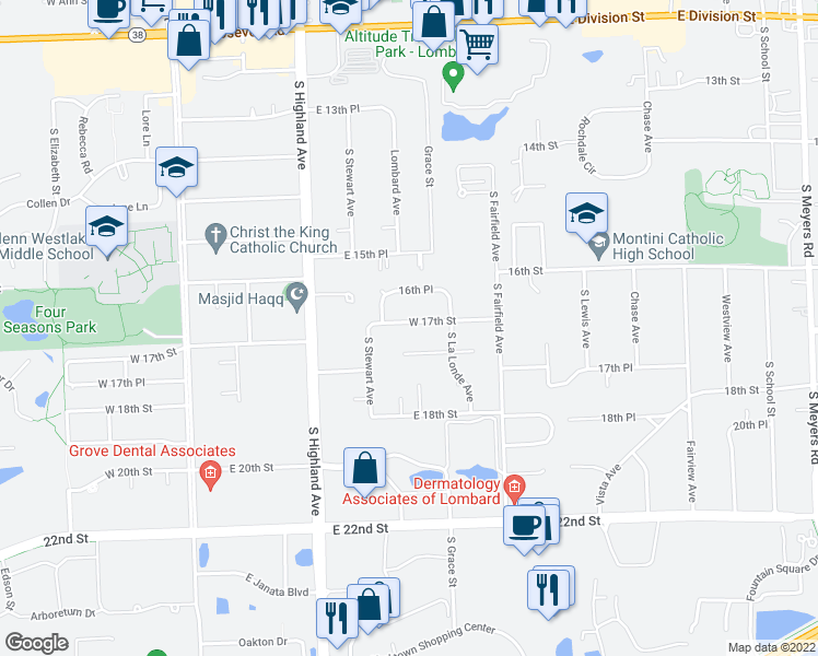 map of restaurants, bars, coffee shops, grocery stores, and more near 377 West 17th Street in Lombard