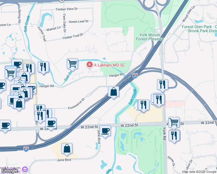 map of restaurants, bars, coffee shops, grocery stores, and more near 700 Commerce Drive in Oak Brook