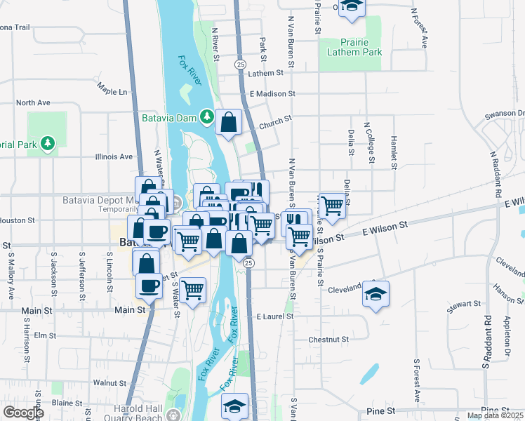 map of restaurants, bars, coffee shops, grocery stores, and more near 109 North Washington Avenue in Batavia