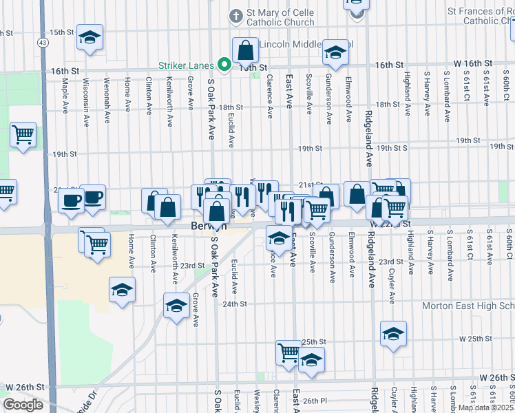 map of restaurants, bars, coffee shops, grocery stores, and more near 2125 Wesley Avenue in Berwyn