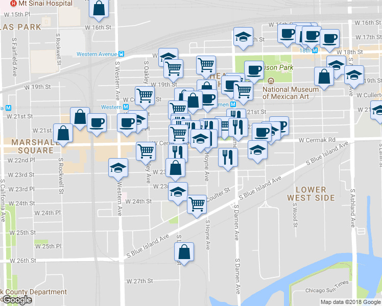 map of restaurants, bars, coffee shops, grocery stores, and more near 2130 West 22nd Place in Chicago