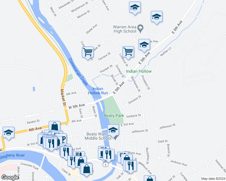 map of restaurants, bars, coffee shops, grocery stores, and more near 402 Conewango Avenue in Warren