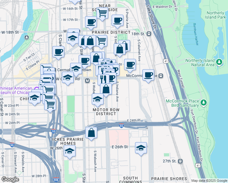 map of restaurants, bars, coffee shops, grocery stores, and more near 2258 South Indiana Avenue in Chicago