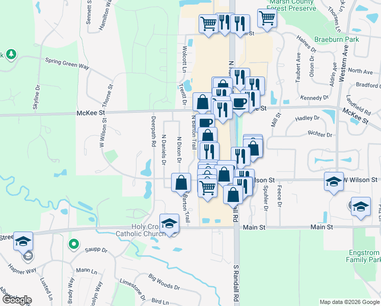 map of restaurants, bars, coffee shops, grocery stores, and more near 33 North Barton Trail in Batavia