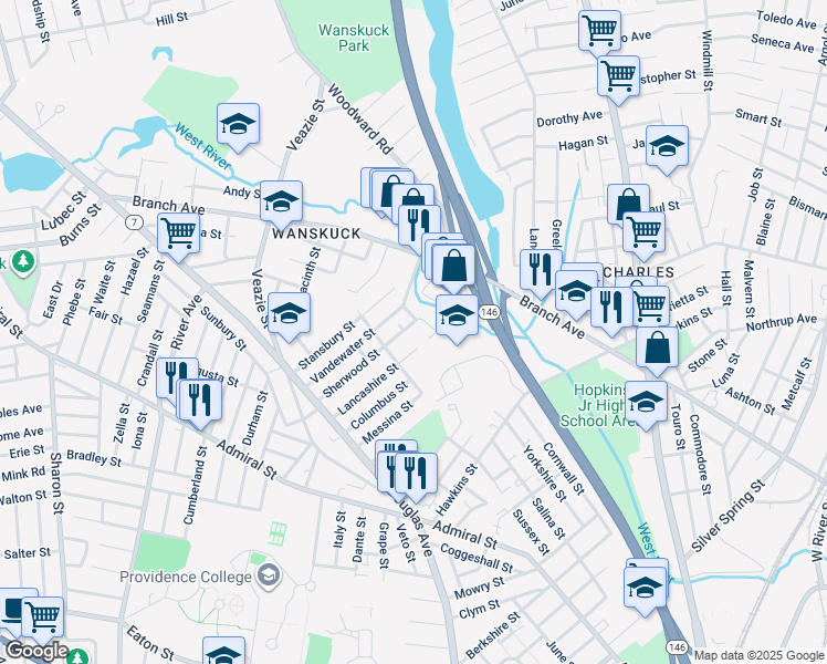 map of restaurants, bars, coffee shops, grocery stores, and more near 132 Cornwall Street in Providence
