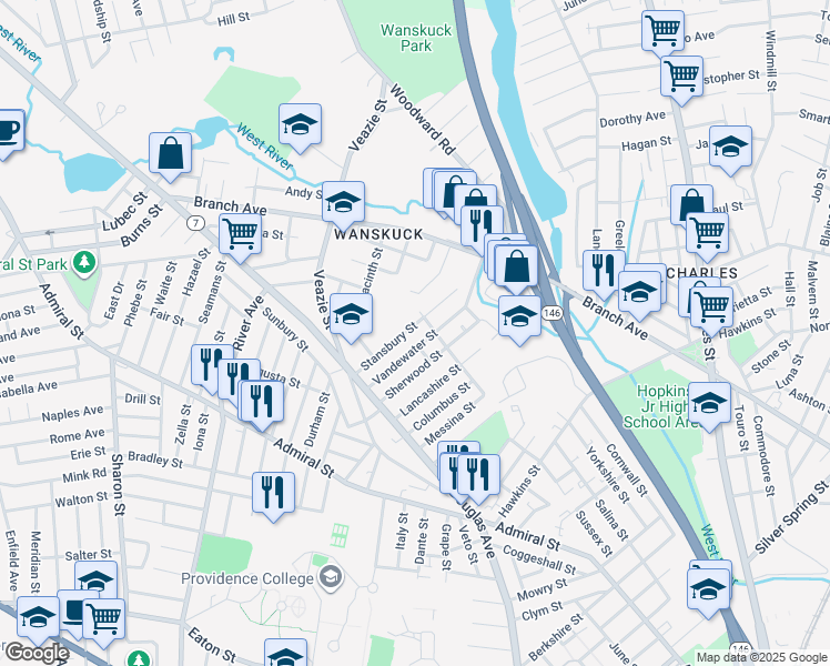 map of restaurants, bars, coffee shops, grocery stores, and more near 75 Stansbury Street in Providence