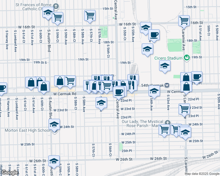 map of restaurants, bars, coffee shops, grocery stores, and more near 2133 South 56th Court in Cicero