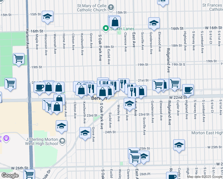 map of restaurants, bars, coffee shops, grocery stores, and more near 2125 Euclid Avenue in Berwyn