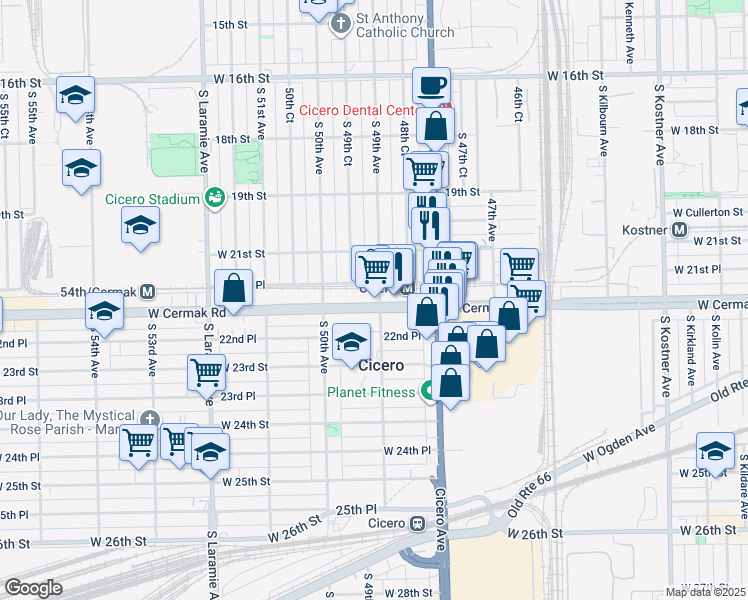 map of restaurants, bars, coffee shops, grocery stores, and more near 4902 West Cermak Road in Cicero
