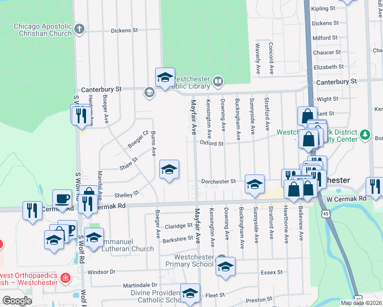 map of restaurants, bars, coffee shops, grocery stores, and more near 1870 Mayfair Avenue in Westchester