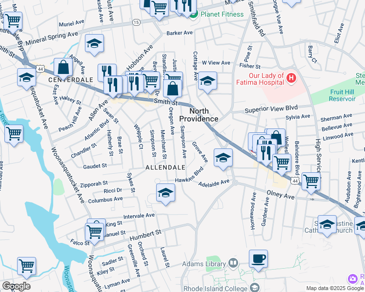 map of restaurants, bars, coffee shops, grocery stores, and more near 35 Sampson Avenue in North Providence