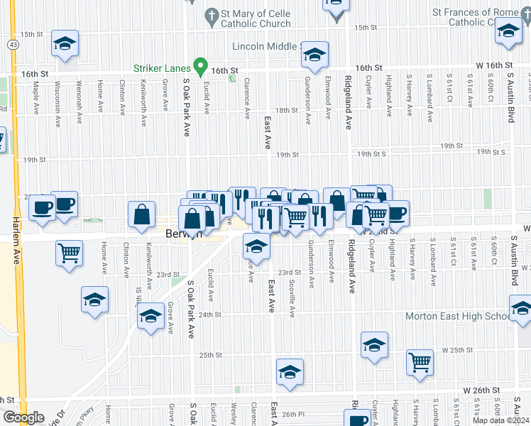 map of restaurants, bars, coffee shops, grocery stores, and more near 2126 East Avenue in Berwyn