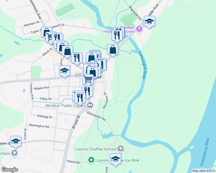 map of restaurants, bars, coffee shops, grocery stores, and more near 55 Mechanic Street in Windsor