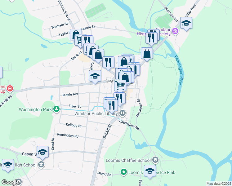 map of restaurants, bars, coffee shops, grocery stores, and more near 20 Maple Avenue in Windsor