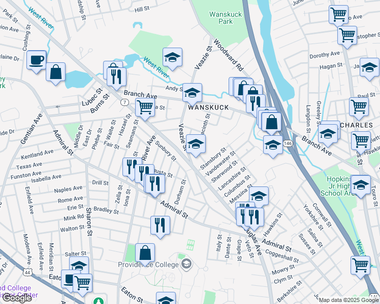 map of restaurants, bars, coffee shops, grocery stores, and more near 233 Veazie Street in Providence