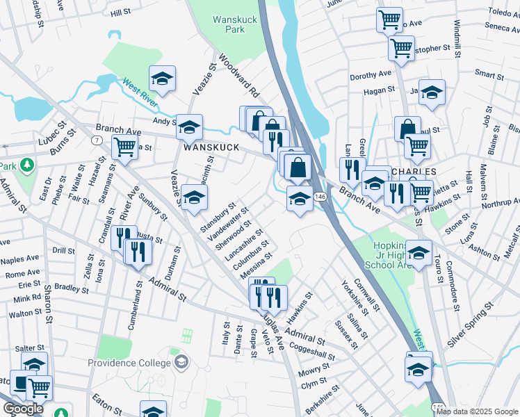 map of restaurants, bars, coffee shops, grocery stores, and more near 106 Sherwood Street in Providence