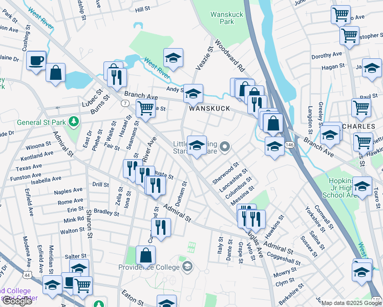 map of restaurants, bars, coffee shops, grocery stores, and more near 233 Veazie Street in Providence