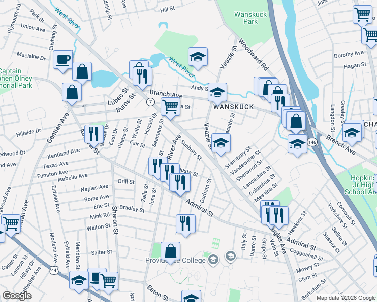 map of restaurants, bars, coffee shops, grocery stores, and more near 139 Sunbury Street in Providence