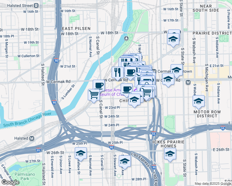 map of restaurants, bars, coffee shops, grocery stores, and more near 2237 South Archer Avenue in Chicago