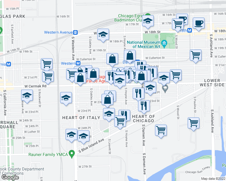 map of restaurants, bars, coffee shops, grocery stores, and more near 2130 West 22nd Place in Chicago