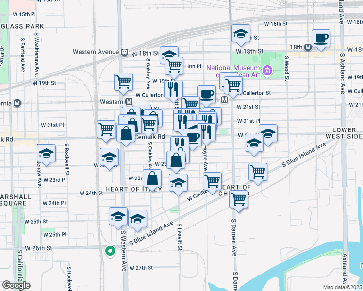 map of restaurants, bars, coffee shops, grocery stores, and more near 2218 South Leavitt Street in Chicago