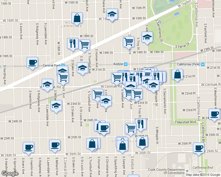 map of restaurants, bars, coffee shops, grocery stores, and more near 3305 West Cermak Road in Chicago